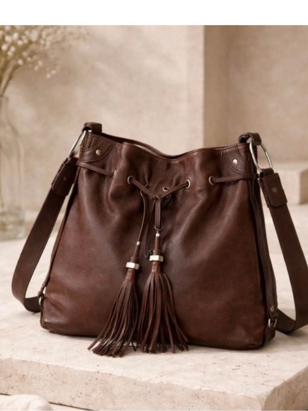 VTG JUICY COUTURE Leather Drawstring Gold Stud Bucket  Bag